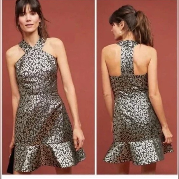 Hutch Dresses & Skirts - ANTHROPOLOGIE $230 Hutch Metallic Leopard Flounce Halter Twiggy Dress Size 4